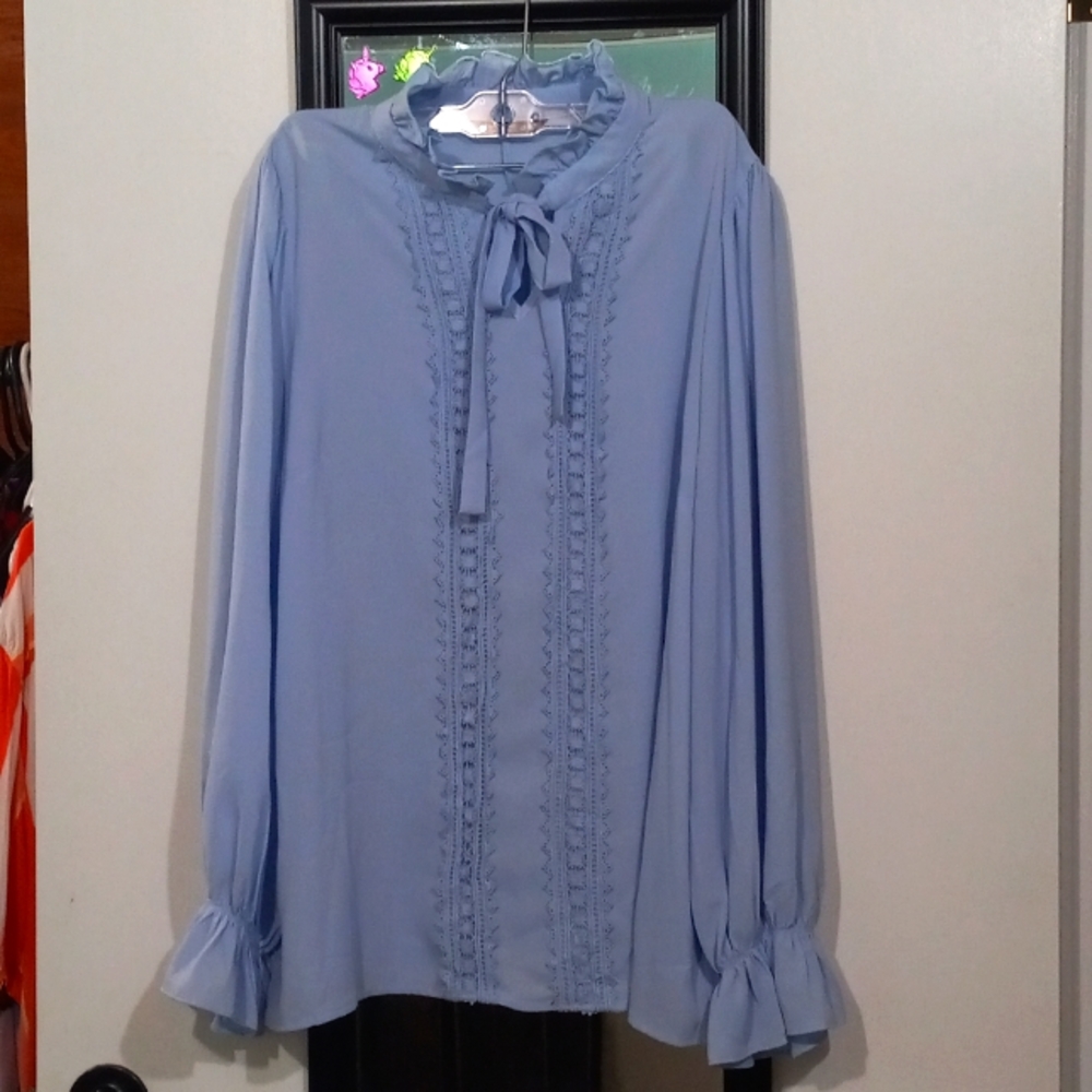 🧁B2G1🧁 SHEIN Pale Blue Long-Sleeve Lace Neck Bow Blouse
